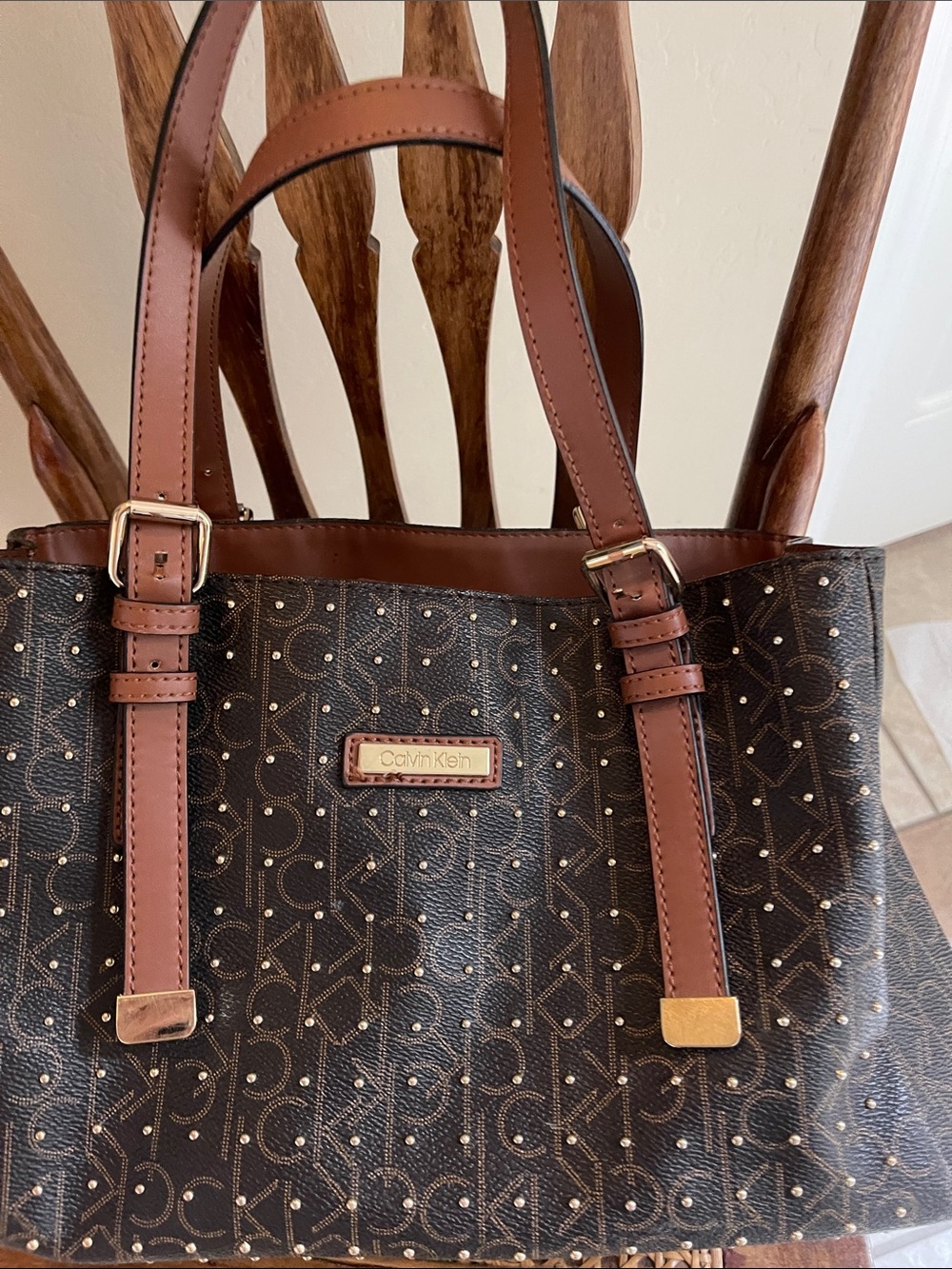 Calvin Klein Brown Monogram Tote with Tan Straps